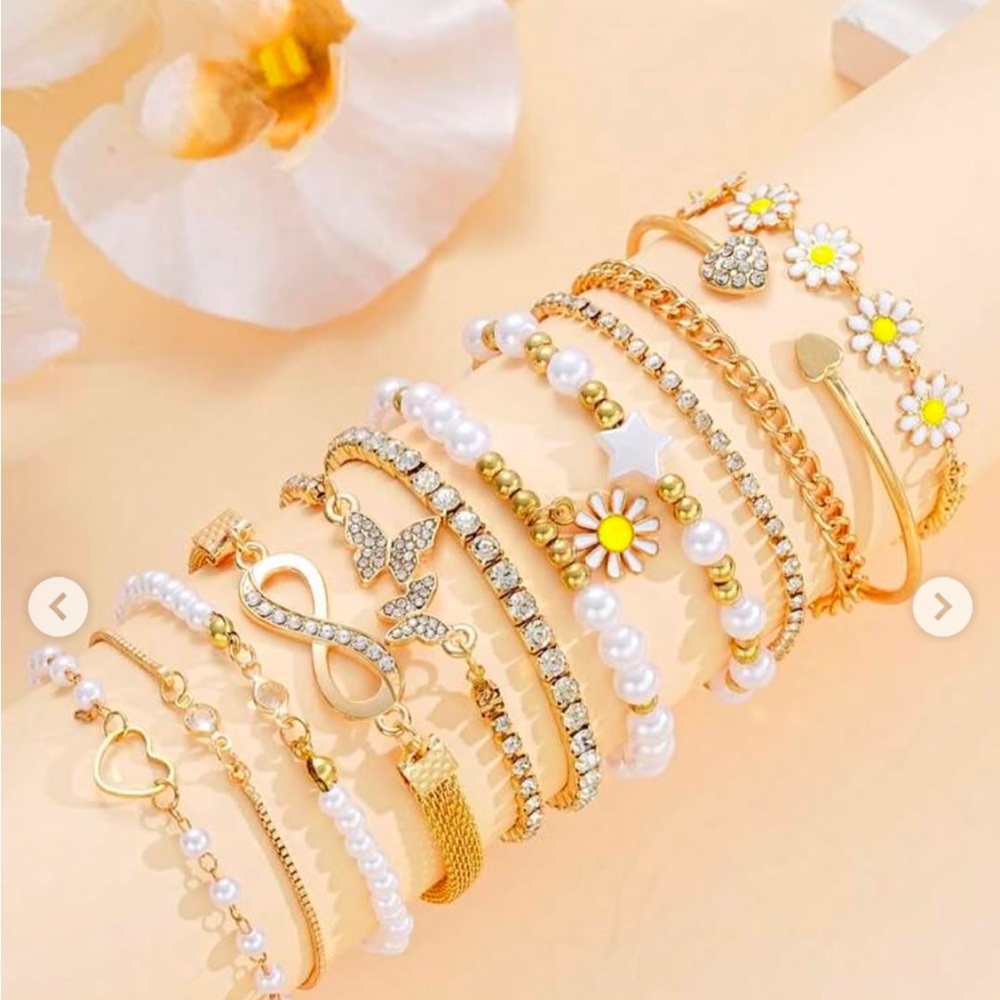 Bohemian Gold Charm Bracelet Stack • Pear Beads, Infinity, Daisy Star • 13 Piece - Picture 4 of 4